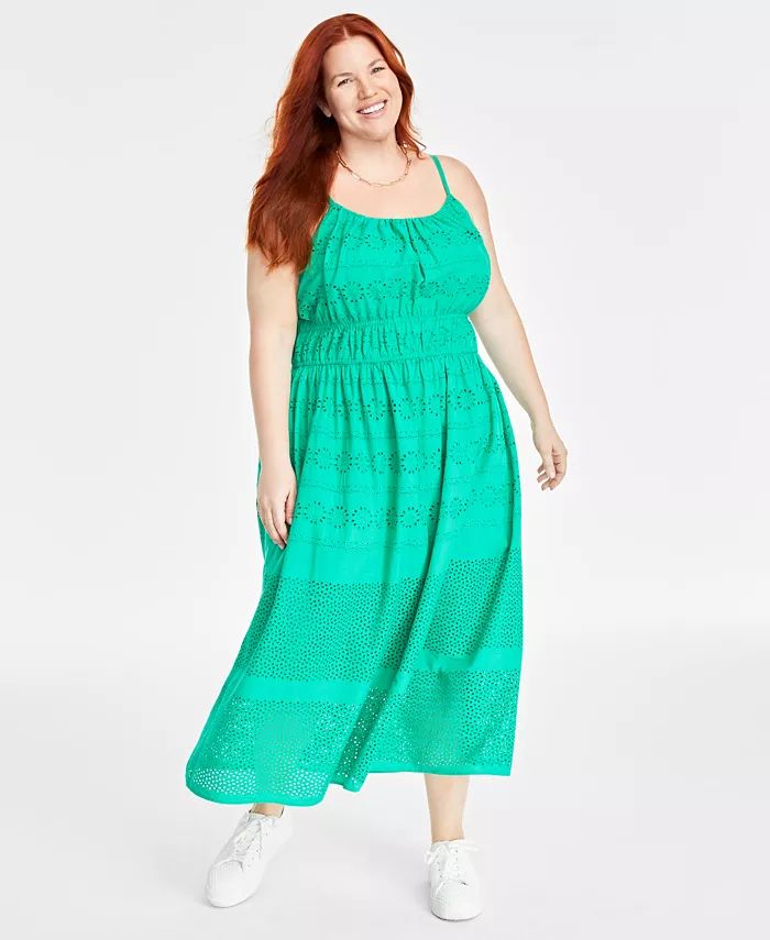 On 34th Plus Size Cotton Eyelet Smocked-Waist Dress, Created for Macy's - Macy's | Macy's