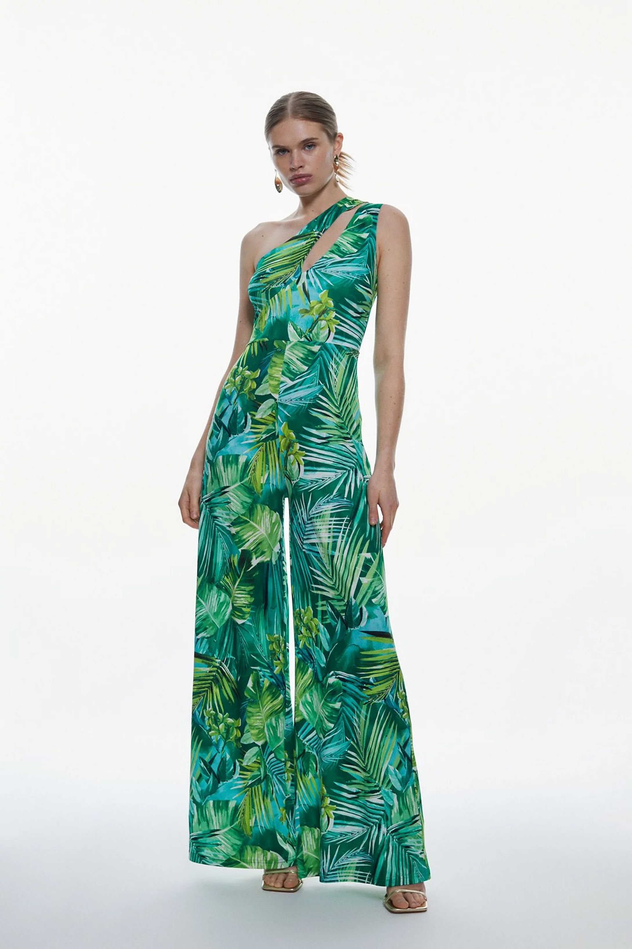 Palm Print One Shoulder Cut Out Jersey Jumpsuit | Karen Millen US