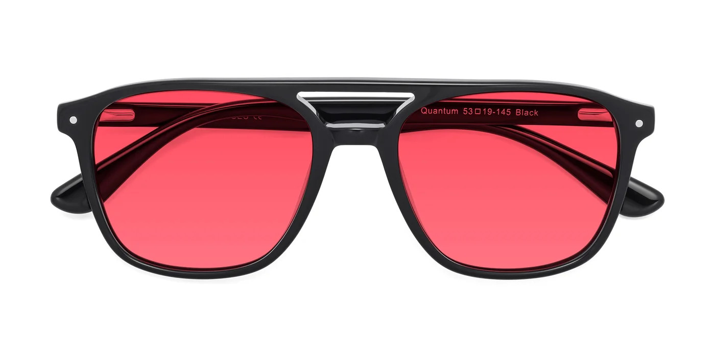 Black Double Bridge Acetate Trapezoid Tinted Sunglasses with Red Sunwear Lenses | Yesglasses
