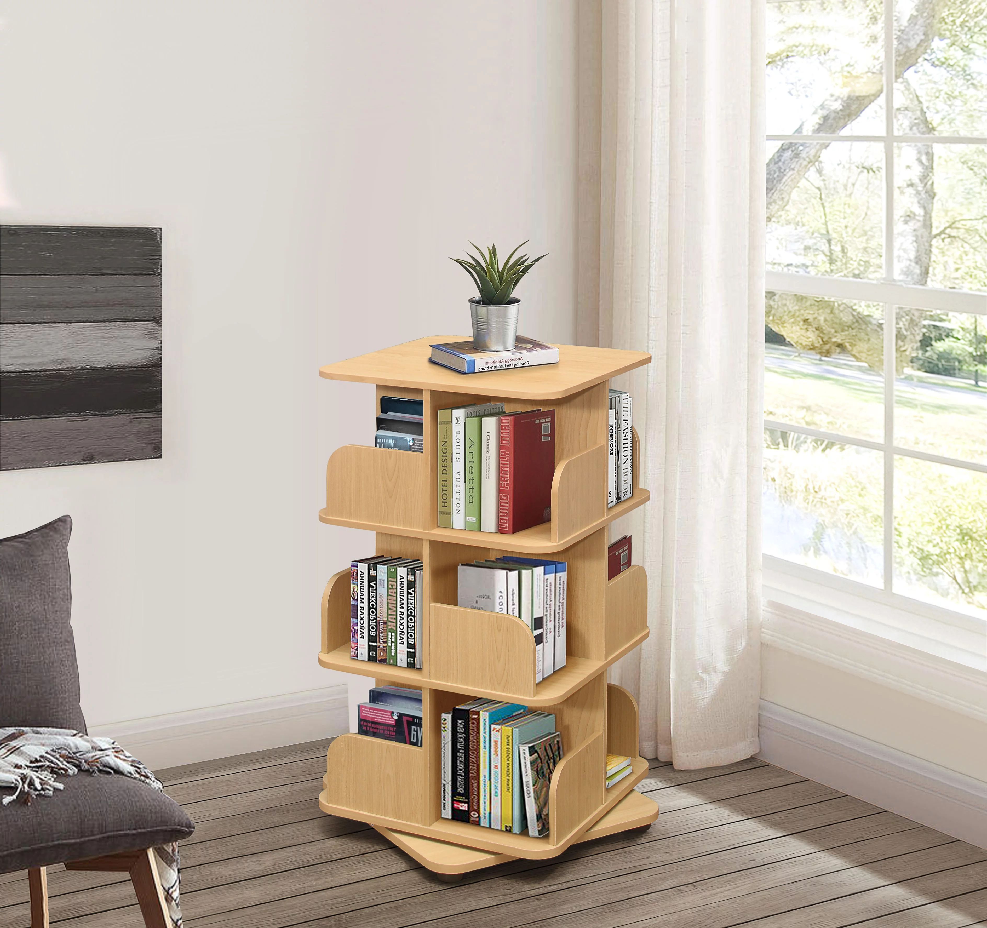 Hartwick 3 Tier Revolving Bookcase Tower with 12 Shelves, Natural Wood, Contemporary - Walmart.co... | Walmart (US)
