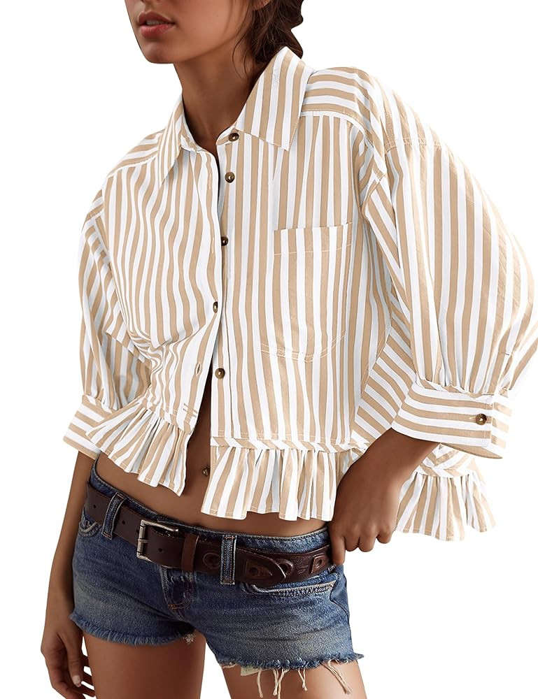 Womens 3/4 Length Sleeve Striped Button Down Shirt Loose Fit Drop Shoulder Trendy Ruffle Hem Stri... | Amazon (US)