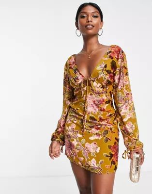 ASOS DESIGN tie front mini dress with floral burnout print in mustard | ASOS | ASOS (Global)