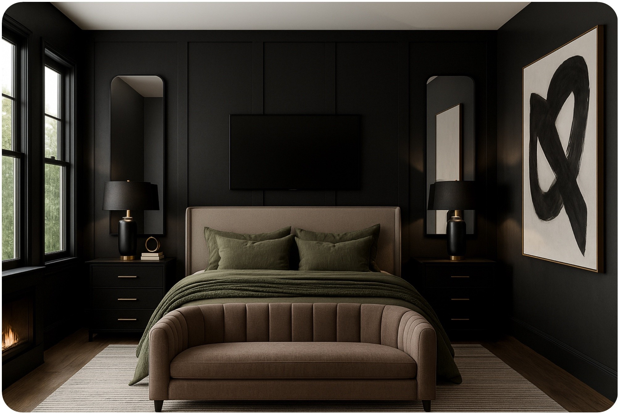 Dark & Moody vibes are great for low light bedroooms, but I highly recommend for people who are working on getting a deep sleep! I created this mock up of my own bedroom to visualize how dark my room would be if I went with an almost black color, such as Cracked Pepper. Note- cracked pepper is a dark warm grey but tone will vary depending on where you source it. So make sure you Samplize your paint before starting! Linking dark grey options. 

And yes! There is a TV over the bed, this design idea is for a Frame TV, which is thinner and lighter and you can change the display to go with your moods. It’s an investment but imagine being able to change from a fall landscape to still art to B+W photography anytime you wish! (Make sure the technology supports - Sony TVs do not!)  Plus most oversized art at home retailers cost $500-$1200 anyways! This is really a more economical solution ;)
Note: have a professional install the TV and then secure it to the wall by enclosing it within a custom frame. This will minimize risk and hide any gaps behind the TV or allows for ambient lighting.  Also make sure you get a small enough TV that it fits above your head board! 

#darkandmoodybedroom
#blackroomideas
#moodyroomideas
# blackandtanroomideas
#modernbedrooms
#luxurybedroomideas
#primarybedroom
#frametv
#bedroomdesignideas

#LTKHome