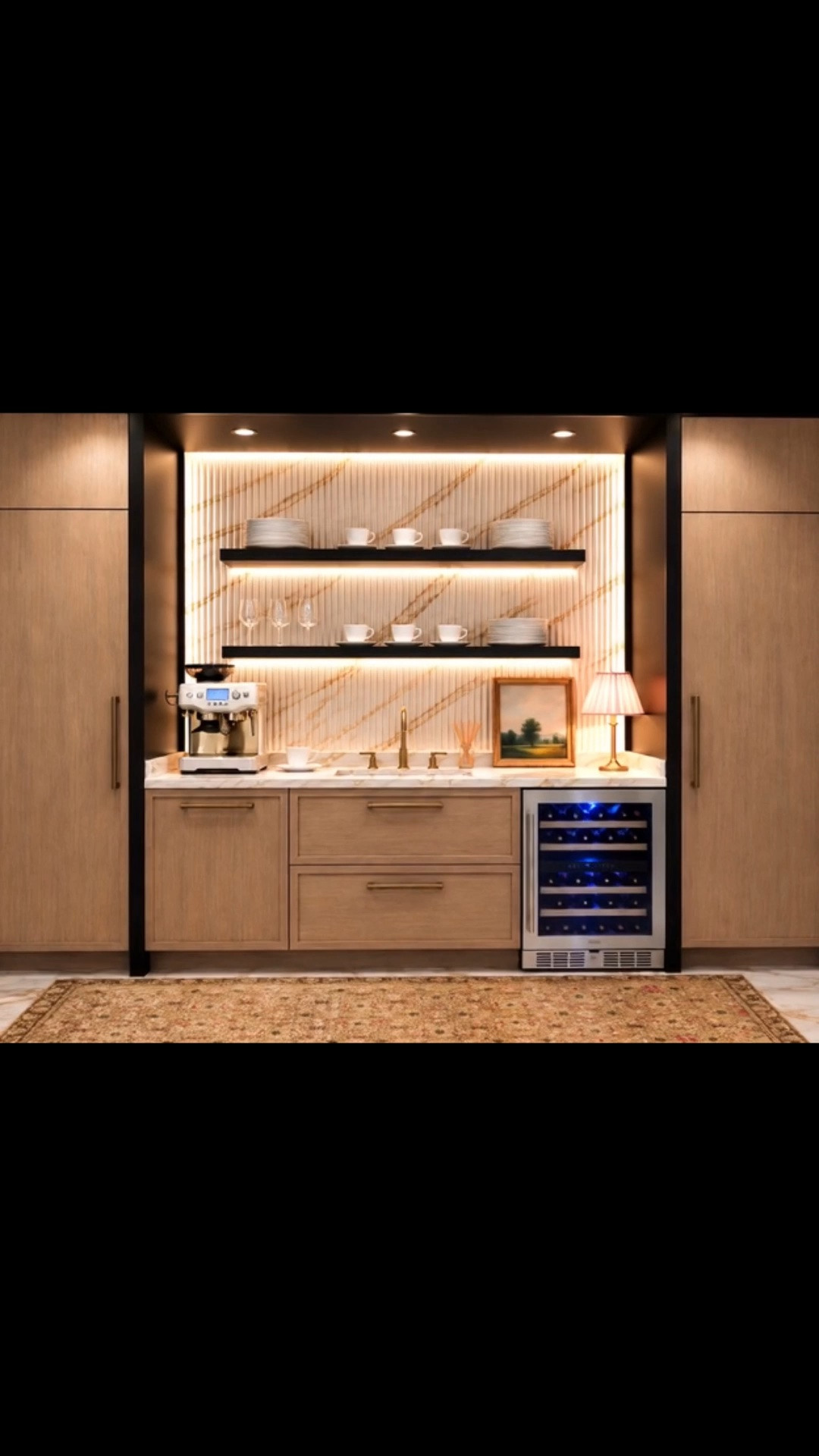 A morning coffee station designed for the gathering season—modern, chic, and highly functional. The left side is a full-height refrigerated column, while the right side adds pantry storage and could also be designed as an extra freezer column.

I especially love the under-counter wine cooler. Keeping bottles below the counter helps clean up the countertop and gives you more valuable space for the espresso machine, coffee prep, and serving when guests are over.

The architectural detailing really makes this space. A fluted marble panel behind the floating shelves adds texture and depth, while hidden LED lighting softly highlights the stone. The floating shelves keep cups, dinnerware, and glassware within easy reach without making the station feel crowded.

Porcelain marble-look floor tile brings in the look of Gold Carrara marble with the practicality of porcelain, while the runner adds softness and warmth. Finished with a bar sink, brass faucet, marble countertop, cabinetry, rechargeable table lamp, artwork, espresso machine, dinnerware, and glassware—everything is ready for a relaxed morning coffee moment and the gathering season ahead.

#CoffeeStation #CoffeeBar #HomeCoffeeBar #BarStation #RefrigeratorColumn #FreezerColumn #PantryStorage #WineCooler #UnderCounterWineCooler #FloatingShelves #FlutedMarble #MarbleBacksplash #PorcelainTile #MarbleLookTile #MarbleCountertop #BarSink #BarFaucet #EspressoMachine #RechargeableTableLamp #RunnerRug #Glassware #CoffeeCups #Dinnerware #Art #LEDLighting #UnderShelfLighting #HomeBar #HolidayHosting #GatheringSeason #KitchenDesign

#LTKSeasonal #LTKHome #LTKSaleAlert