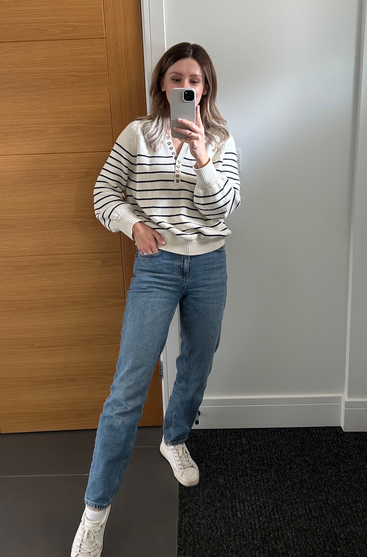Minimalist mom outfit simple, striped Leontine Sezane jumper and jeans

#LTKeurope #LTKautumn #LTKuk