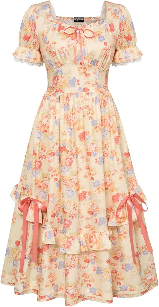 Scarlet Darkness Women Victorian Cottagecore Dress Vintage Floral Puff Sleeve Ruffled Tiered Dres... | Amazon (UK)