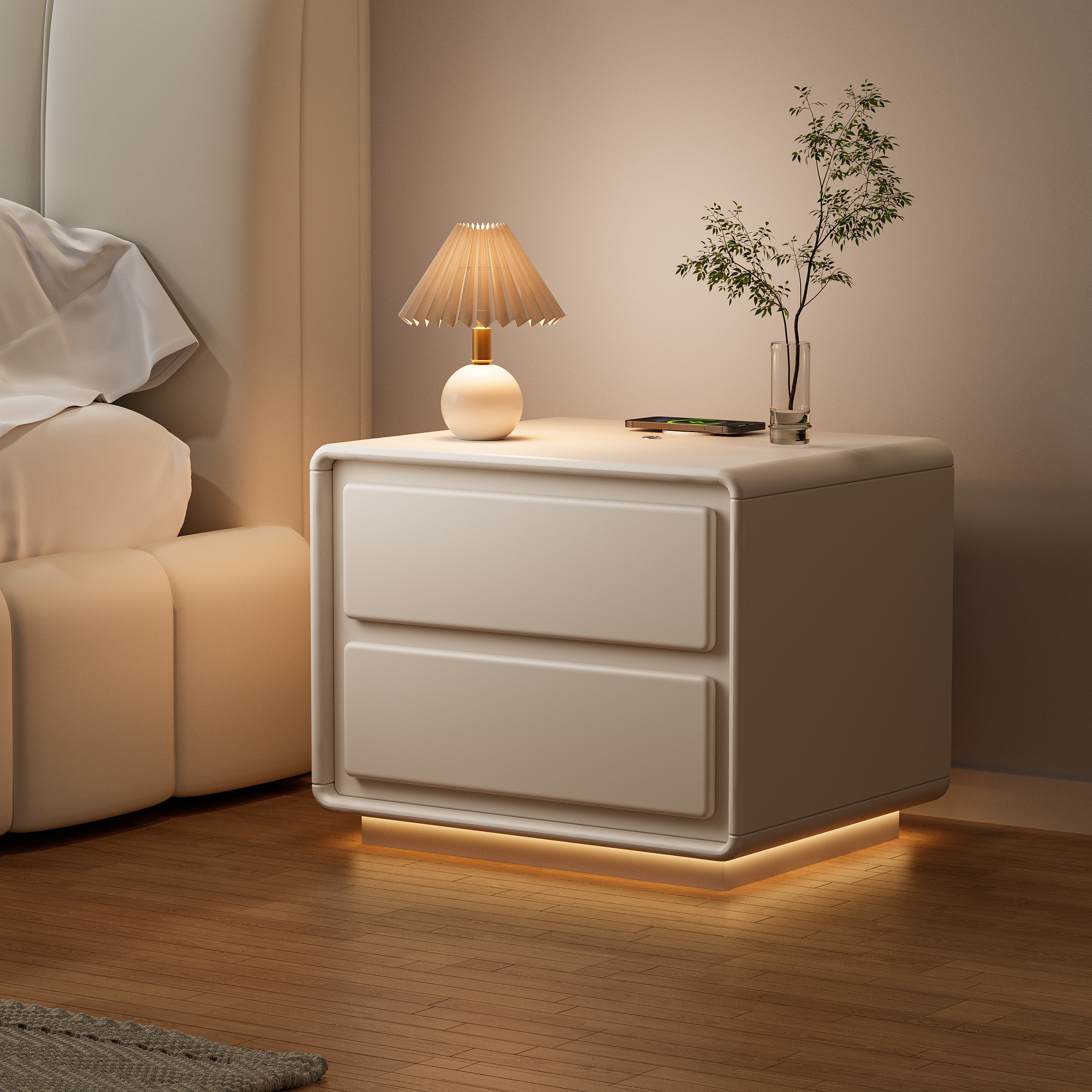 Modern Nightstand off-white with 2-drawers and LED and USB charging function | Homary