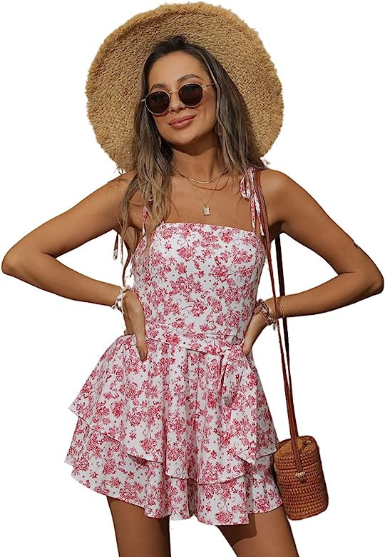 Zexxxy Women's Summer Tiered Ruffle Rompers Spaghetti Straps Sleeveless Jumpsuit Skort Vacation B... | Amazon (US)