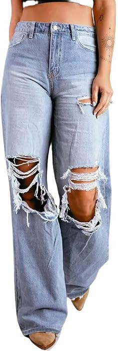 Women's Jeans High Waist Ripped Jeans for Women Fashion Loose Denim Wide Leg Pants Street Casual ... | Amazon (US)