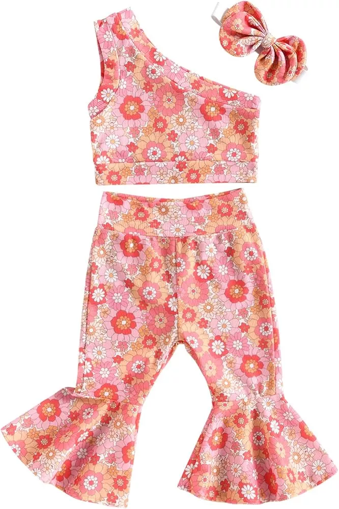 Toddler Baby Girl Summer Clothes Flower Halter Crop Top Rainbow Flared  Pants Bell Bottoms Boho Outfits 3Pcs