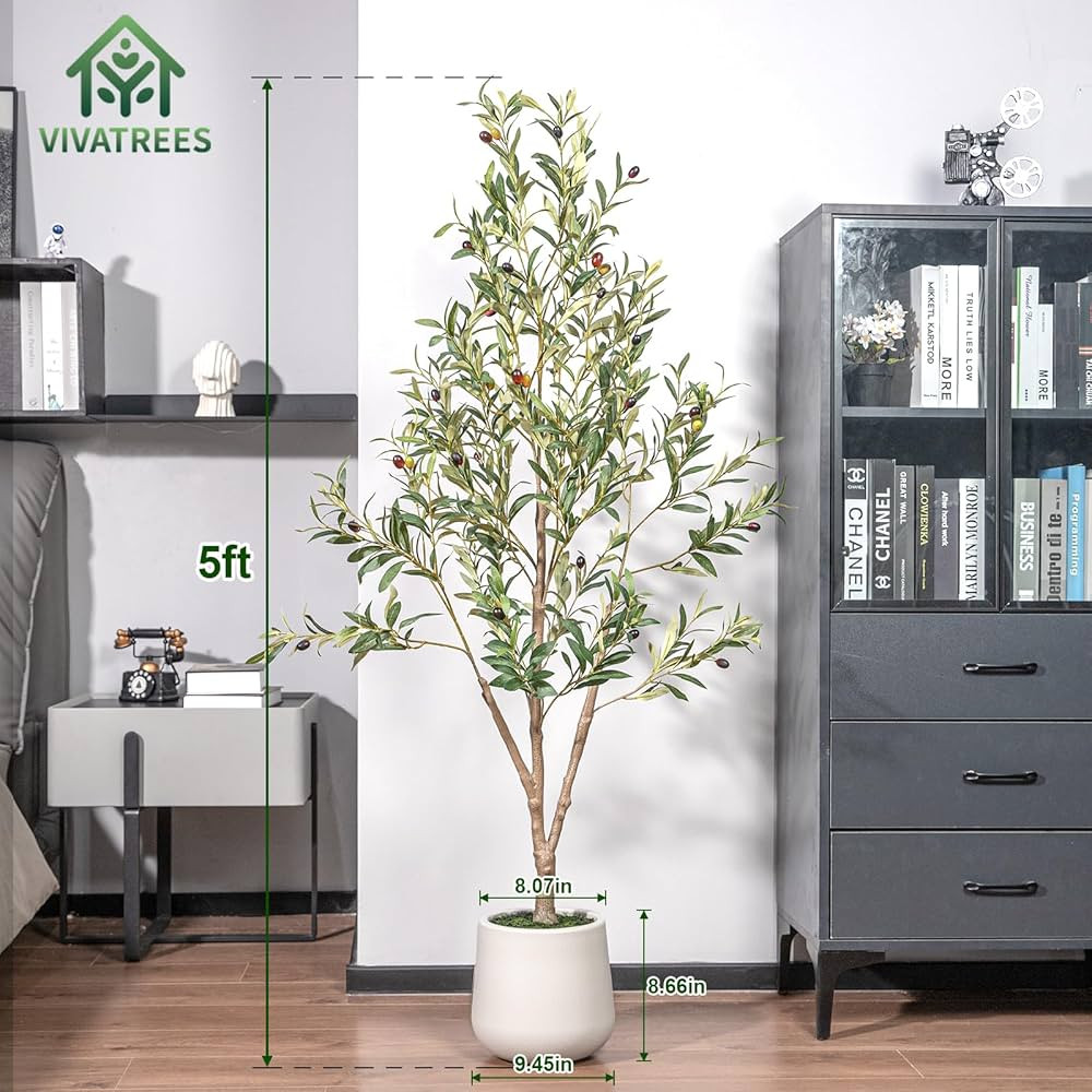 Olive Trees Artificial Indoor, 5FT Tall Faux Olive Tree with White Tall Planter, Artificial Plant... | Amazon (US)