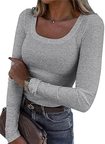 Roselux Womens Long Sleeve Scoop Neck Ribbed Knit Fitted Casual Tops Tee Slim Basic Shirts | Amazon (US)