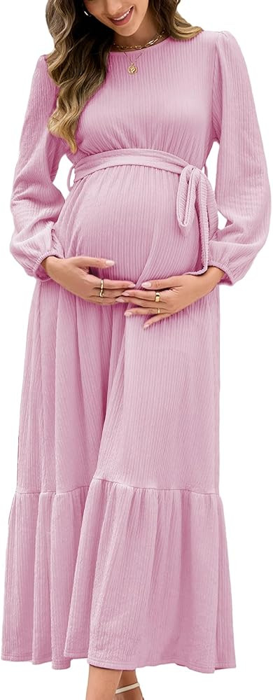 Women's Maternity Maxi Dress with Belt Long Sleeve Crew Neck Pregnancy Dresses with Pockets Baby ... | Amazon (US)