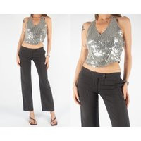 Sequin Halter Top | Vintage Secondhand Preloved Pre-Owned Silver Paillette Crop Cropped Shiny Glitte | Etsy (US)