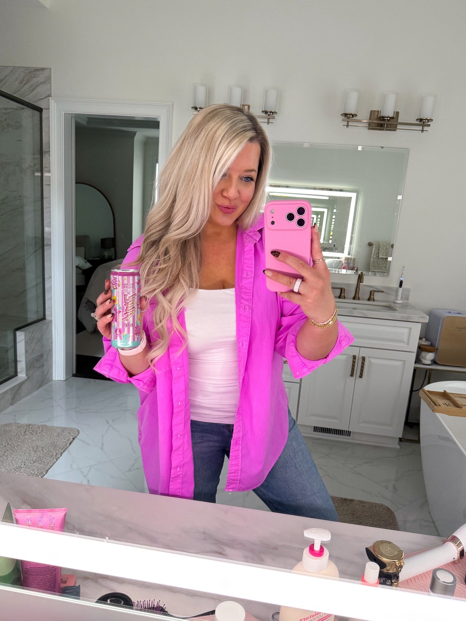 This shirt = instant mood boost!🤩 Bright pink because Easter week and subtlety has never been my vibe. 💁🏼‍♀️🌸🐣 And this lip combo?? staying on repeat 💋✨ My #ouraring says I’m thriving, so… 😜

#LTKBeauty #LTKSeasonal