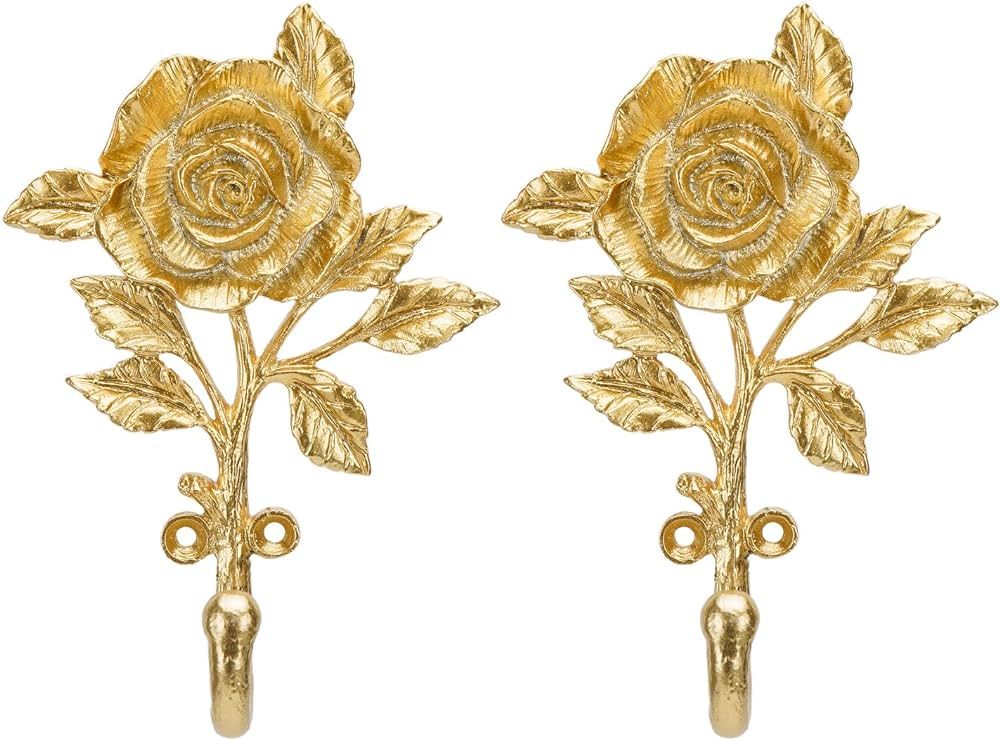 SOFFEE DESIGN 2pcs Golden Single Hooks 3D Flower Retro Ornate Style for Room Wall Mounted Decorat... | Amazon (US)