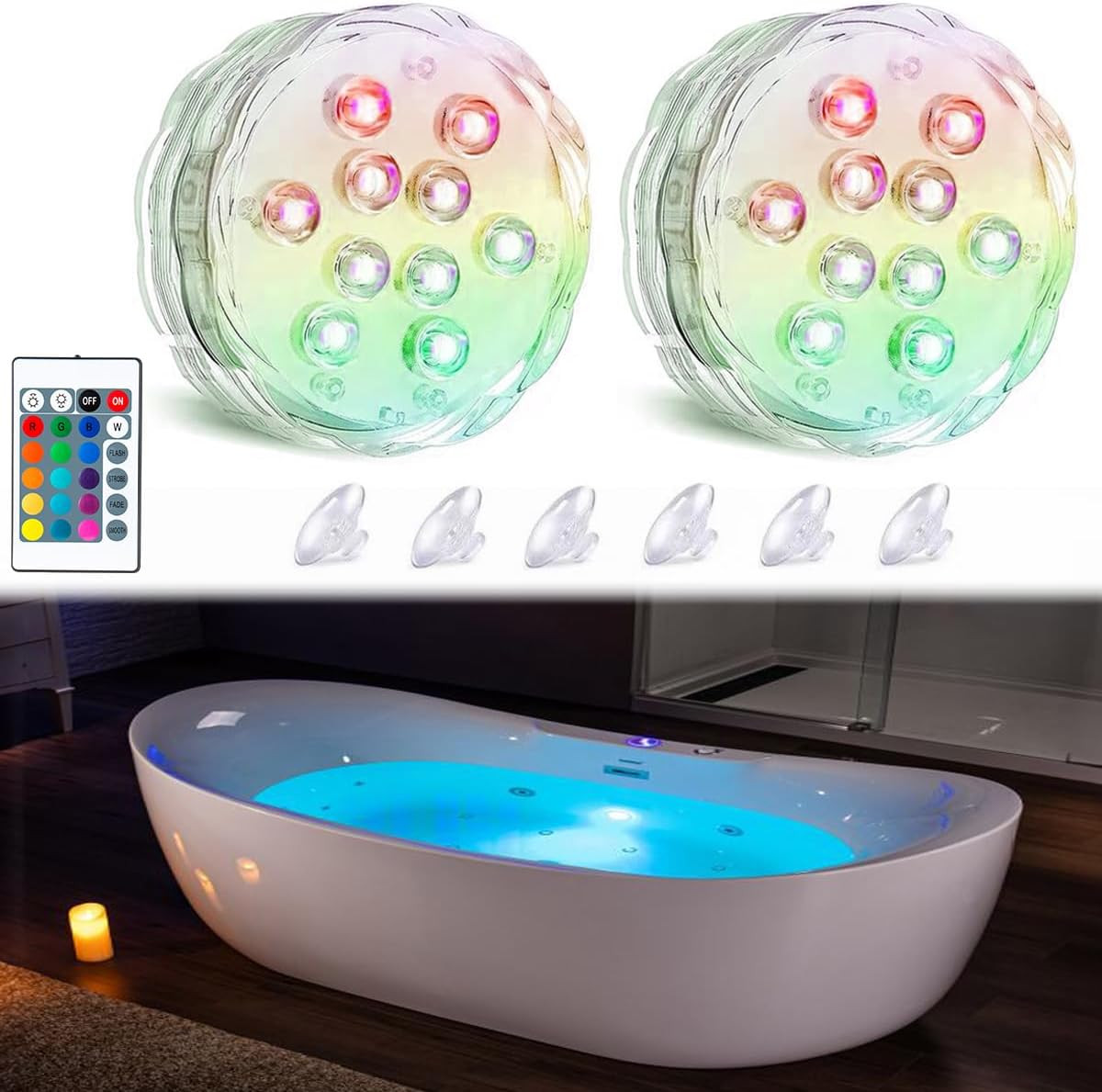 Seagenck Bath Tub Lights Wireless, Battery Operated Waterproof Glow Light for Bathroom Bathtub Shower Spa Light, Bath Essentials for Women Relaxing, RGB Multi Color Remote Controlled, 2pcs | Amazon (US)