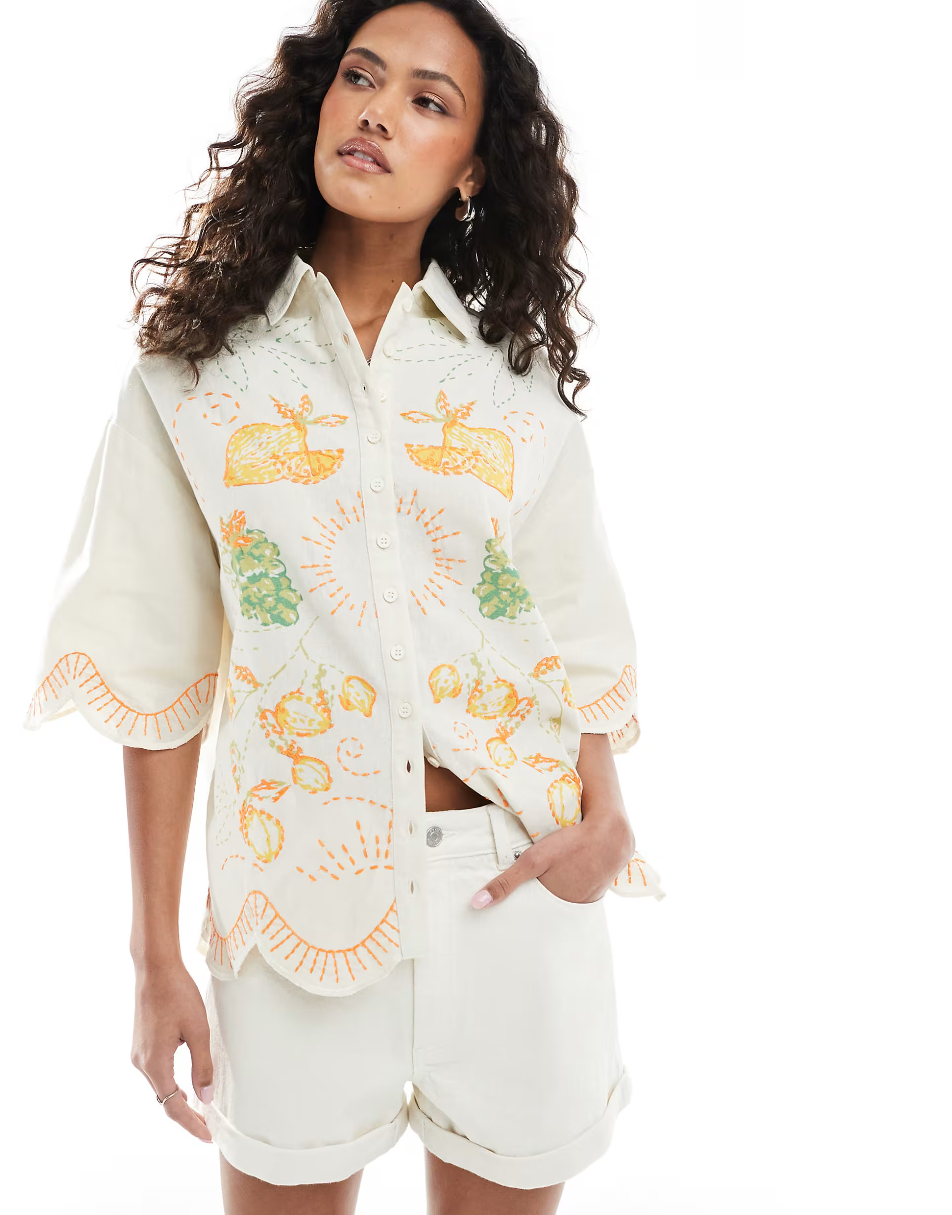 Native Youth] beach embroidered scallop edge blouse in white | ASOS (Global)