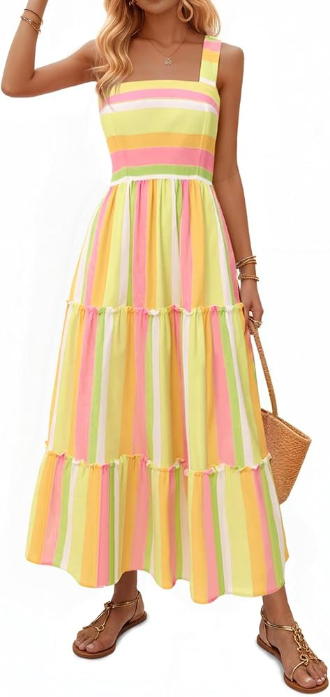 Yousify Womens Summer Maxi Dress 2026 Striped Casual Patchwork A Line Smocked Long Dress Boho Flo... | Amazon (US)