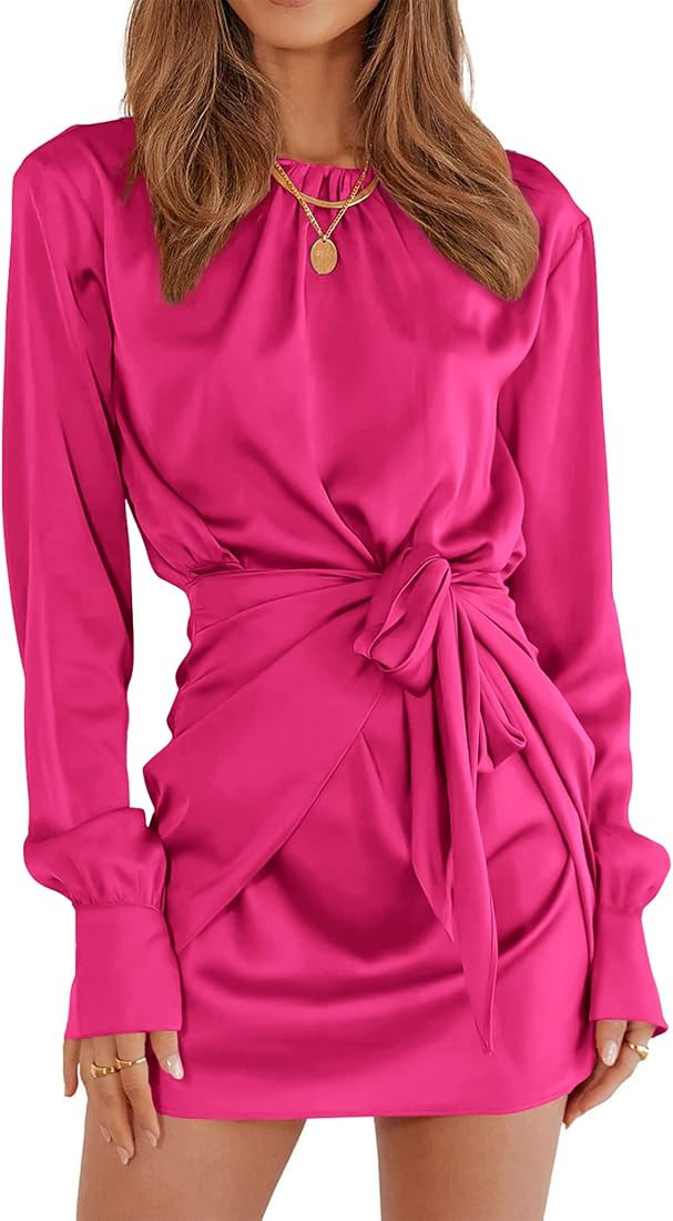 PRETTYGARDEN Women's Spring Satin Dress Long Sleeve Tie Waist Elegant Cocktail Party Mini Fall Dr... | Amazon (US)
