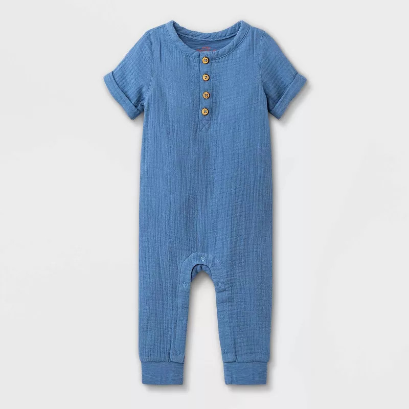 Baby Gauze Henley Long Romper - Cat & Jack™ Blue | Target