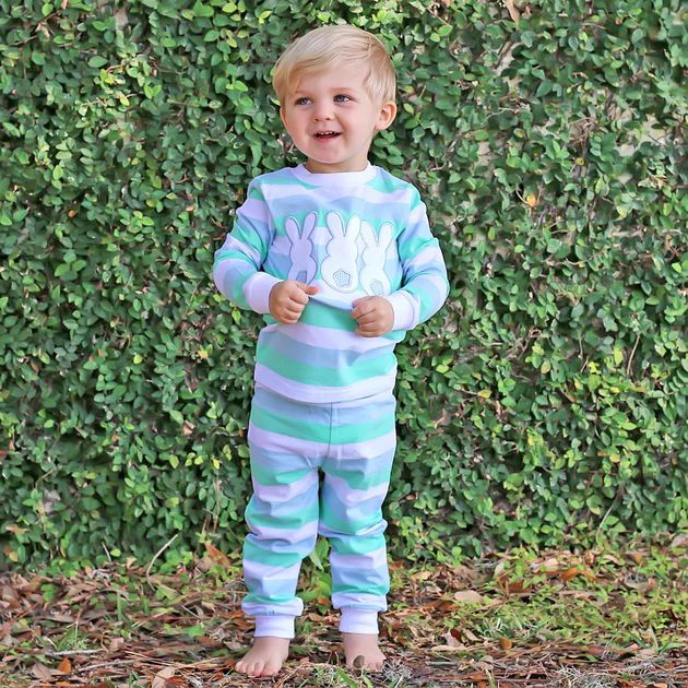 Three Bunny Blue and Mint Stripe Loungewear | Classic Whimsy