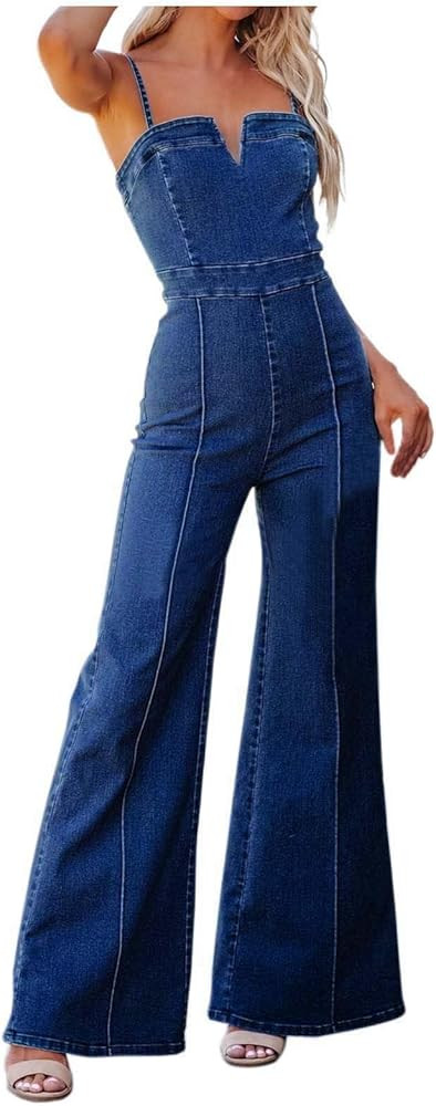Jean Jumpsuit for Women Dressy Distressed Adjustable Strap Denim Overalls Stretchy Sleeveless Wid... | Amazon (US)