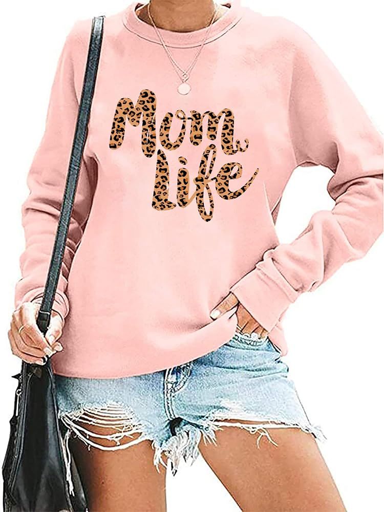 Cute Mom Life Sweatshirts for Women Crew Neck Long Sleeve Letter Printed Pullover Sweatshirts | Amazon (US)