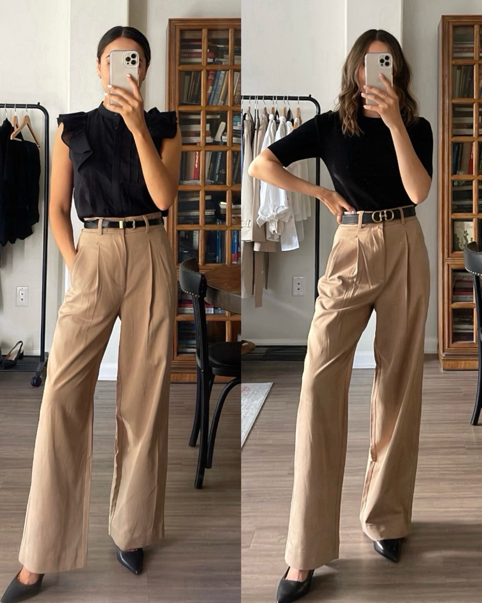Black & camel workwear outfits 

Black and camel workwear 
Everlane work pants 00 30” - I recommend for taller heights, linked similar styles 
Slingback short heels 

#LTKWorkwear #LTKStyleTip