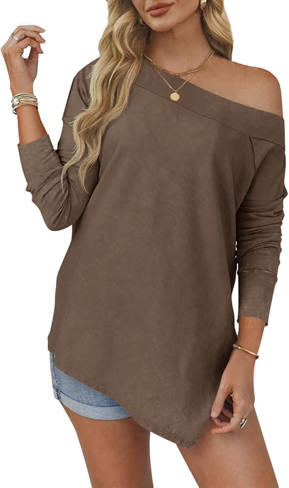 Tankaneo Womens Off The Shoulder Tops Casual Long Sleeve T Shirts Irregular Hem Split Tunics Loos... | Amazon (US)