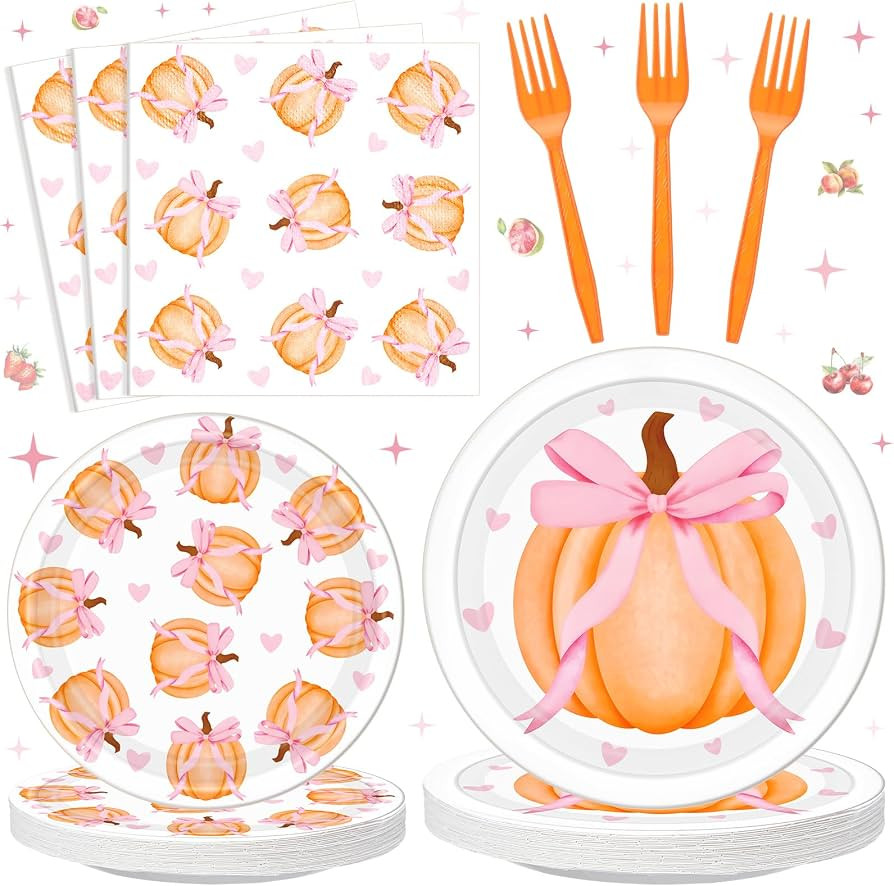 Havawish Pink Bow Paper Pumpkin Plate and Napkin, Fall Party Supply, 96 Pcs | Amazon (US)