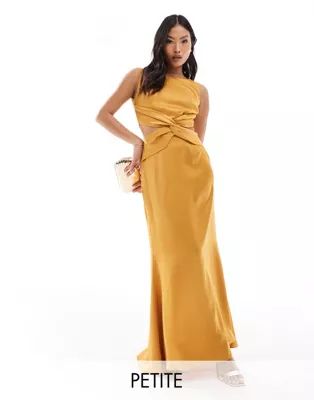 TFNC Bridesmaid Petite satin deep V back waist cut out satin maxi dress in yellow | ASOS | ASOS (Global)