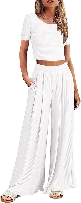 Ekouaer Women's 2 Piece Lounge Sets Short Sleeve Pajama Set Ribbed Knit Crop Top Wide Leg Pants L... | Amazon (US)