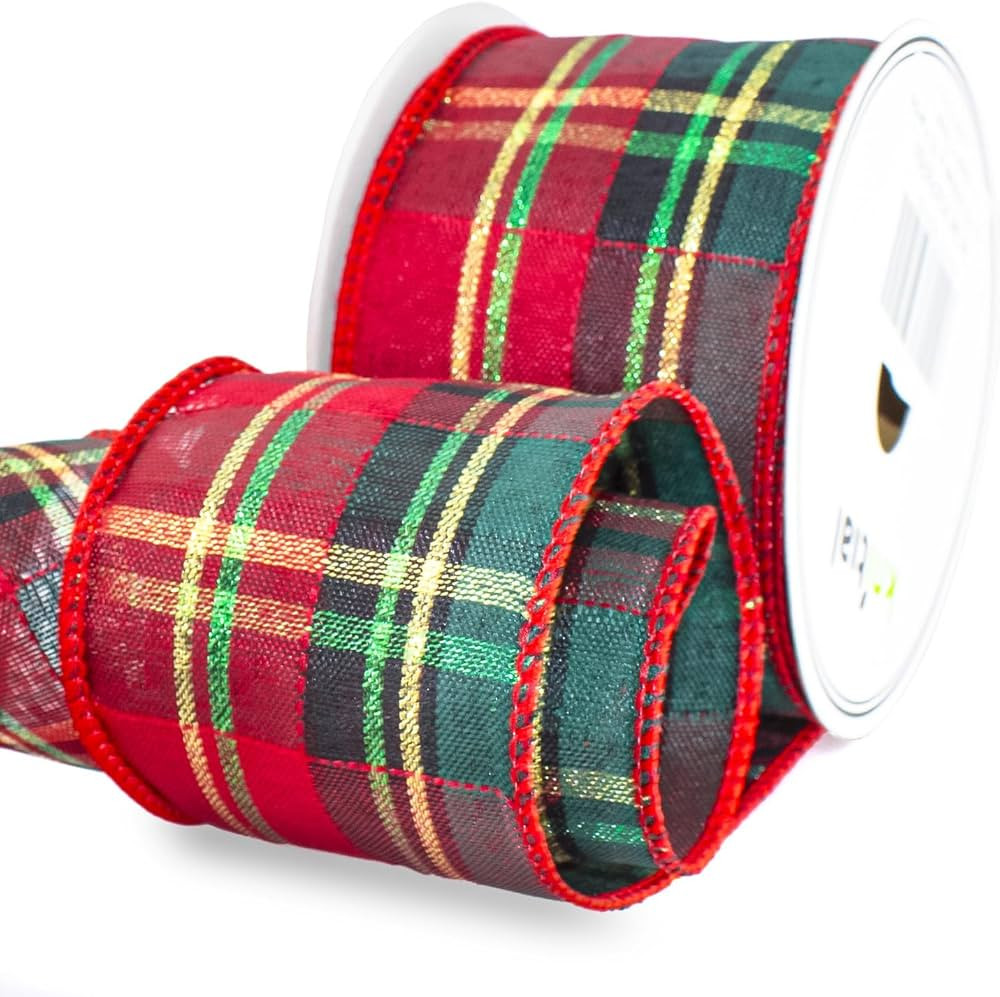 Wired Tartan Plaid Ribbon 2-1/2 Inches x 10 Yards Red with Metallic Gold and Green Stripes Ribbon... | Amazon (US)
