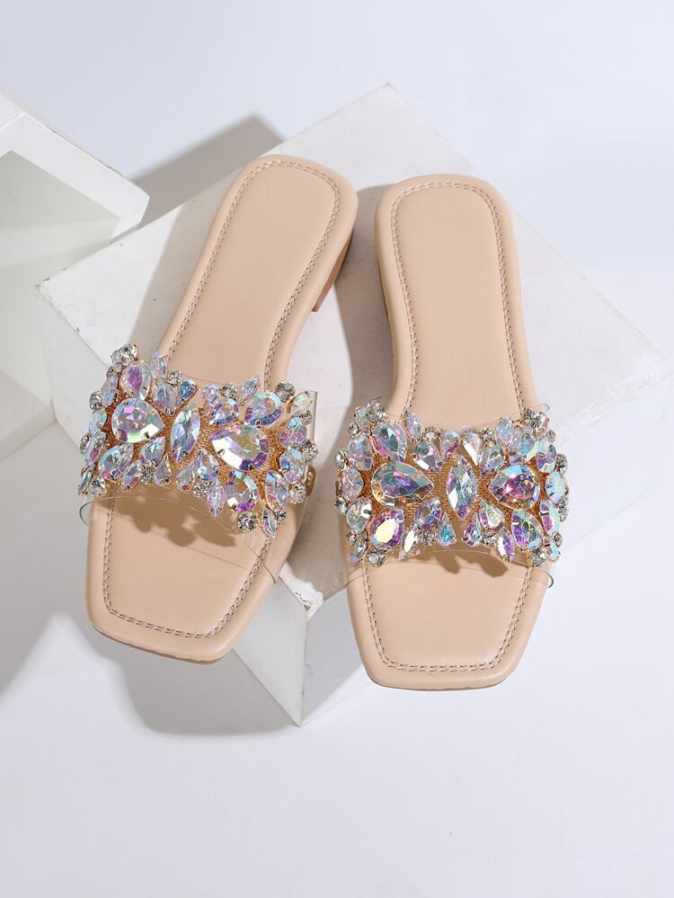 Women Rhinestone Decor Clear Strap Slide Sandals, Glass Fashionable Flat Sandals | SHEIN