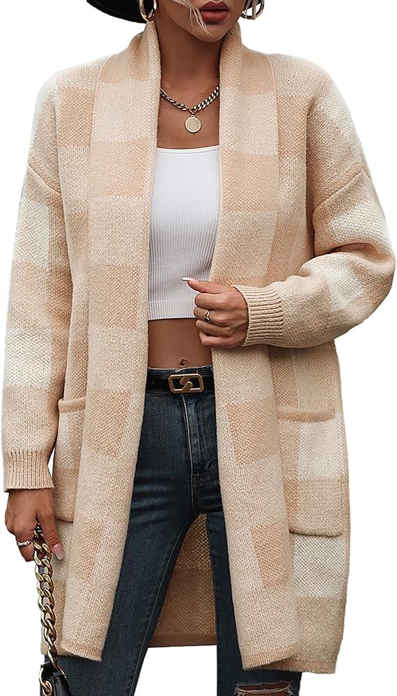 Womens 2023 Plaid Open Front Knit Color Block Long Cardigan Chunky Sweater Coat | Amazon (US)