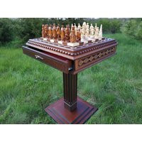 Wooden Table ""Battle For Kings""Storage Thrones, Knights Chess Pieces+Two Stools, Set From Ash Wood, Anniversary Gift Husband, Father | Etsy (US)