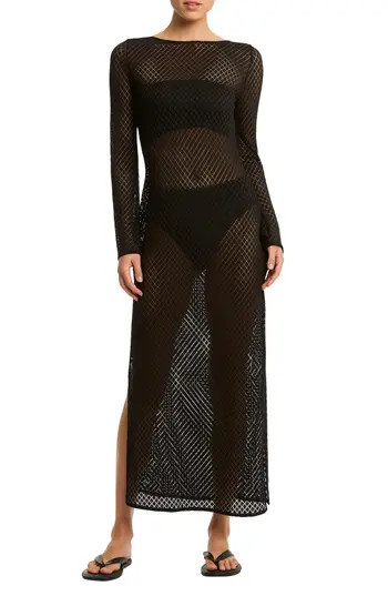 Sea Level x India Hicks Long Sleeve Sheer Lace Cover-Up Dress in Black at Nordstrom Rack, Size Large | Nordstrom Rack