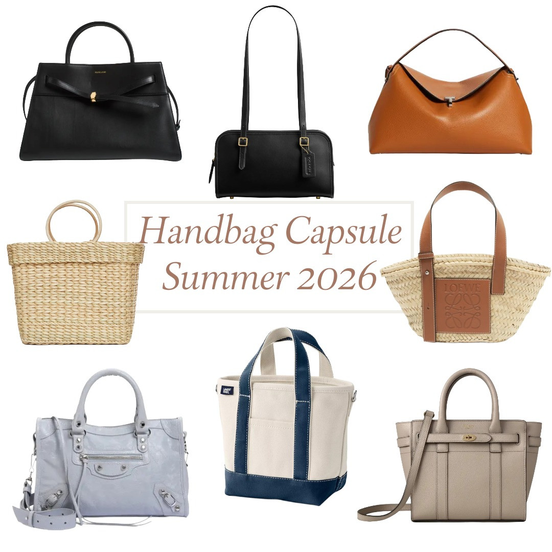 Handbag capsule wardrobe summer 2026. Loving straw bags, this small canvas tote, the anonymous handbags, and timeless style.  

 #LTKSeasonal #LTKOver40