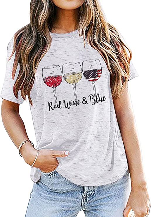Women 4th of July T Shirt Red White Blue Wine Glasses Graphic Tee Top USA Flag Tee for Independen... | Amazon (US)