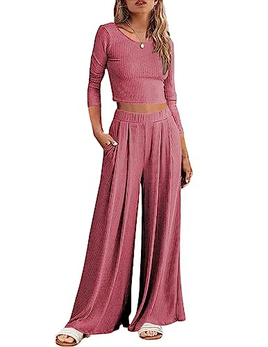 Ekouaer Lounge Set for Women 2 Piece Ribbed Knit Outfit Long Sleeve Top And Pant | Amazon (US)