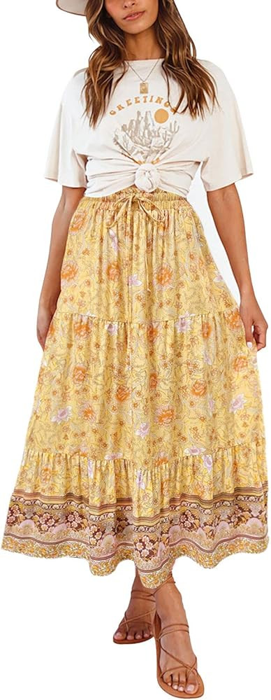 ZESICA Women's Bohemian Floral Printed Elastic Waist A Line Maxi Skirt with Pockets | Amazon (US)