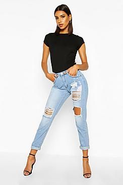Mid Rise Relaxed Fit Open Knee Boyfriend Jeans | Boohoo.com (US & CA)