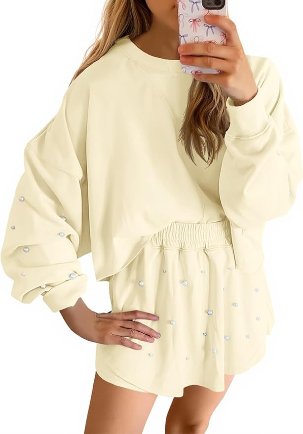 Fisoew Womens Lounge Sets 2 Piece Outfits Decor Pearl Long Sleeve Sweatshirt Skort Skirt Tracksui... | Amazon (US)