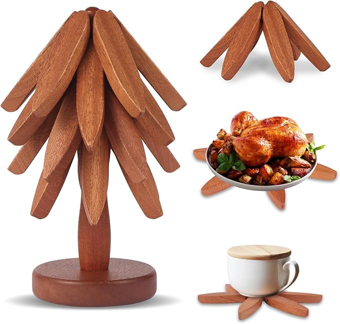 Natural Wood Tree Trivet Set, 4 Leaf Pattern Hot Pads with Decorative Storage Stand, Pot Holders ... | Amazon (US)