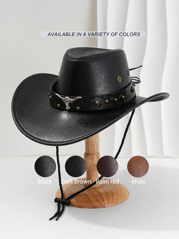 1pc Unisex Solid Color PU Leather Cowboy Hat With Unique Shimmering 3D Bull Head Design And Wide ... | SHEIN