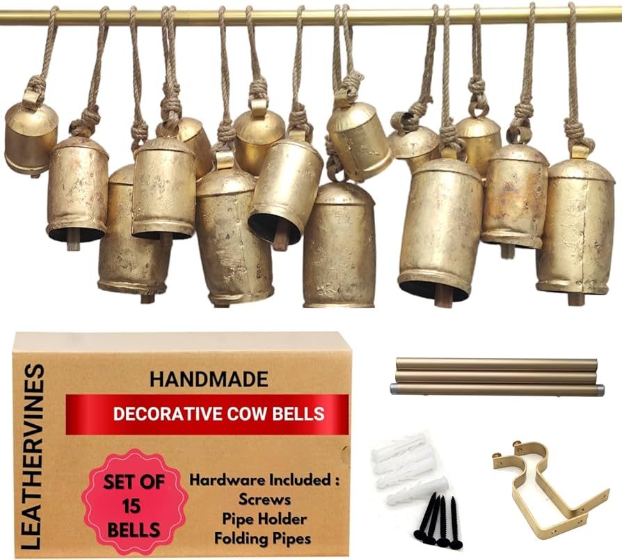 Amazon.com: Cow Bells Giant Vintage Rustic Tin Metal Set of 15: Handmade XXL Antique Brass Decor ... | Amazon (US)