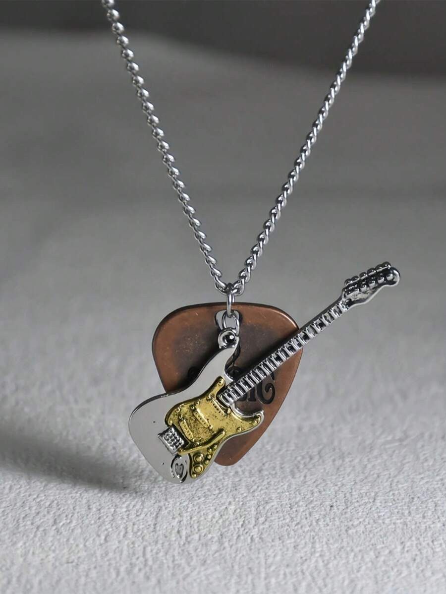 1pc Vintage Guitar Pick & Guitar Pendant Necklace, Punk Rock Stainless Steel Chain, Unisex Daily ... | SHEIN