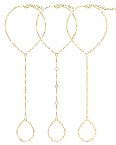 3PCS 14K Gold-Plated Hand Chain Bracelets for Women, Stack Bracelets Set Adjustable, Dainty Ring Bracelet Hand Chain | Amazon (US)