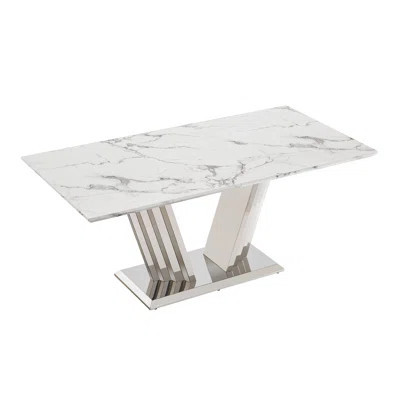 Silver And White 70'' Marble Grain Dining Table With Mirrored Finish Stainless Steel Base, Great For Parties Meetings 70" Legs, Multifunctional Differ | Wayfair North America